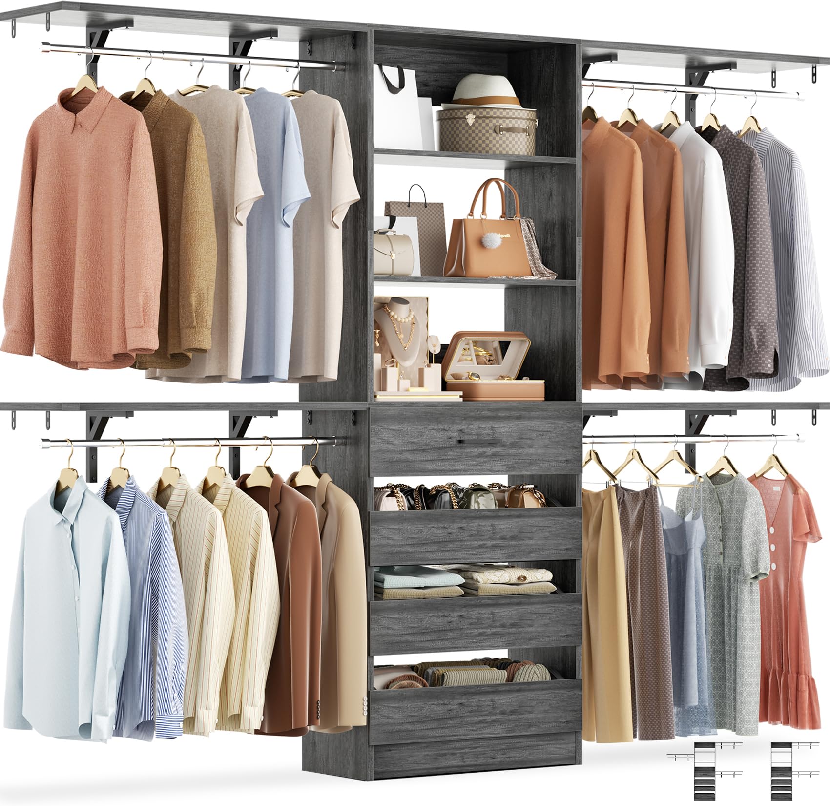 8FT Closet Organizer System with 4 Wooden Drawers and 4 Shelves