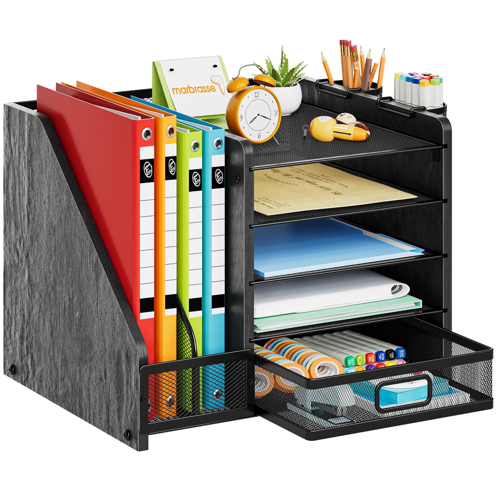 Five Tier Mesh Desk Organizer with File Tray Drawer Pen and Magazine Holders