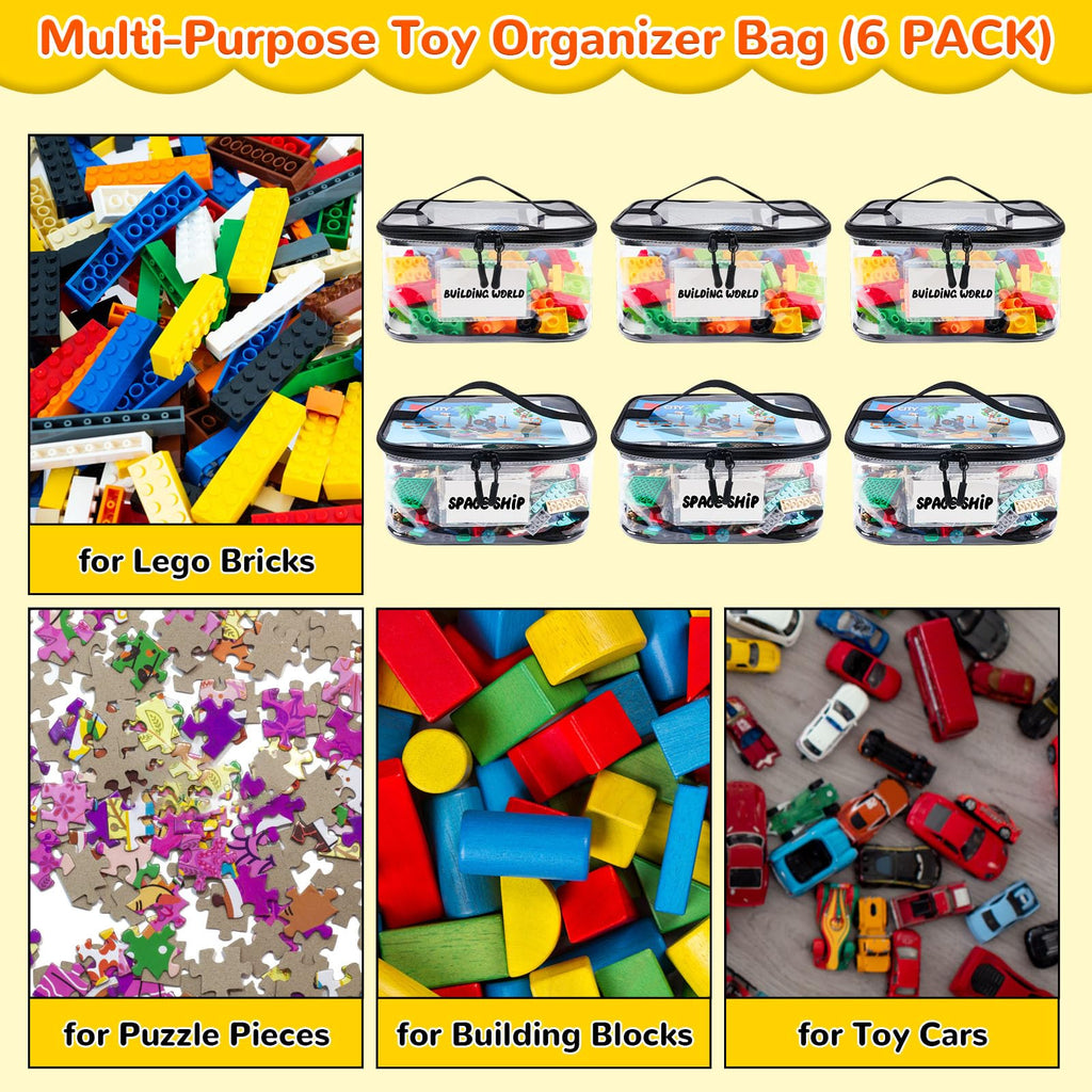 Six Pack Clear Toy Storage Bags with Name Tags and Manual Pockets
