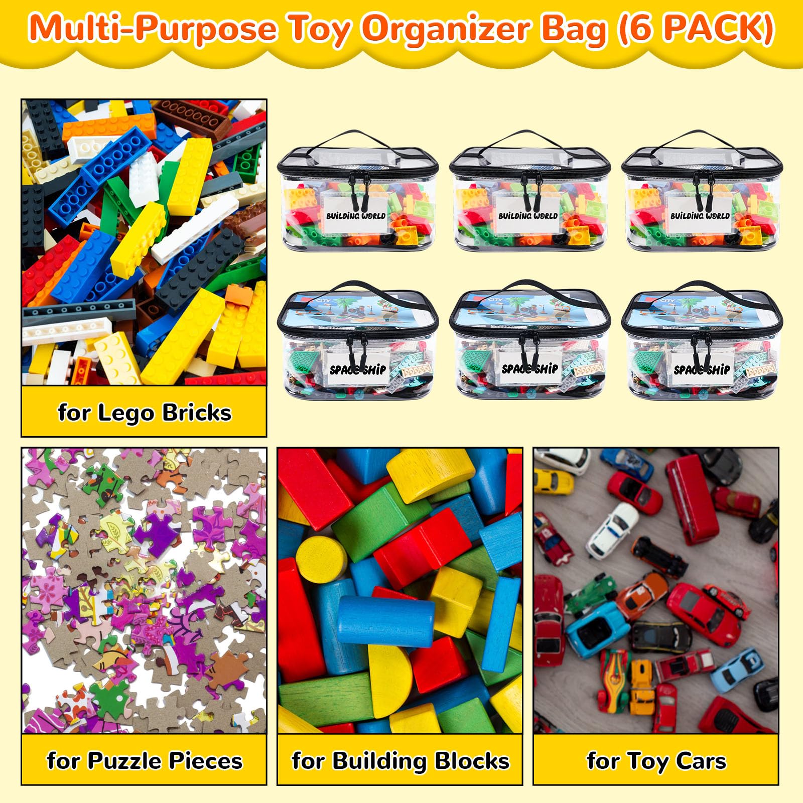 Six Pack Clear Toy Storage Bags with Name Tags and Manual Pockets