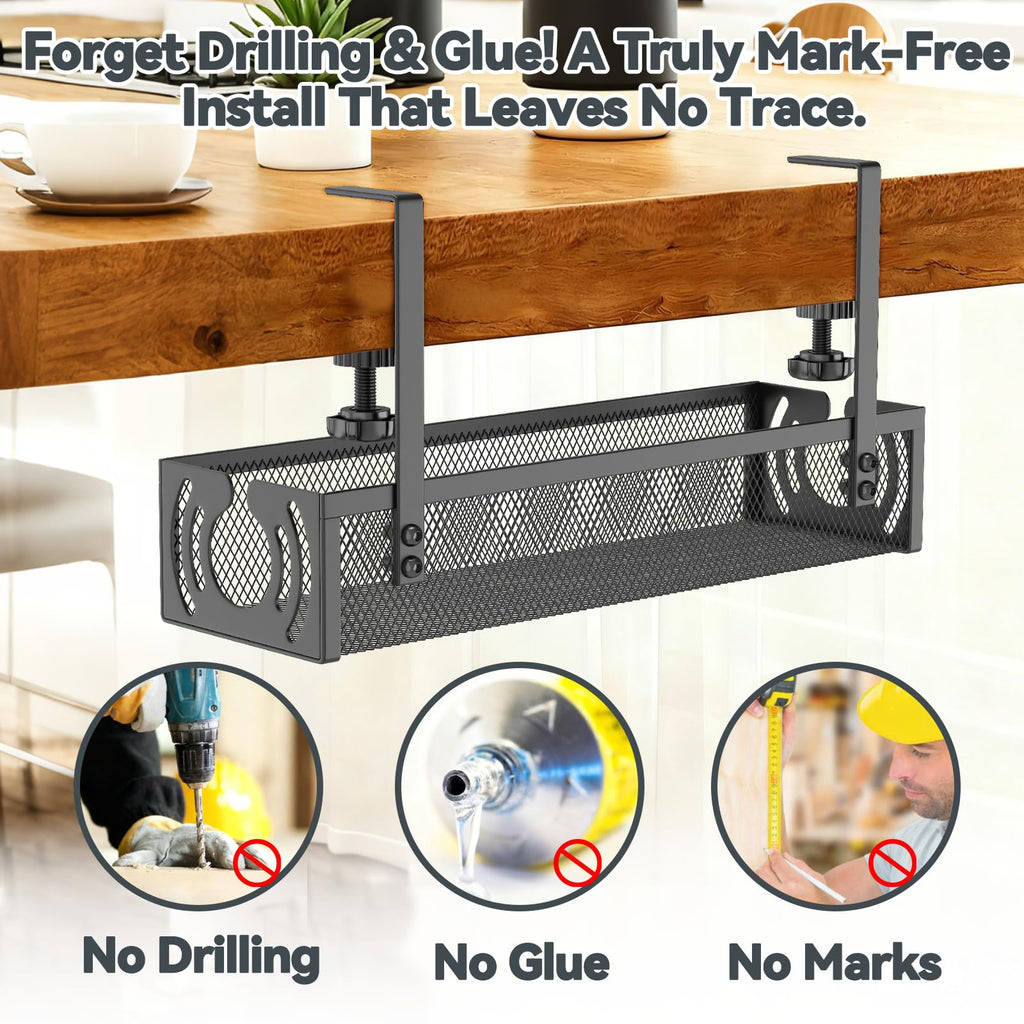 No Drill 15 Inch Under Desk Cable Management Tray