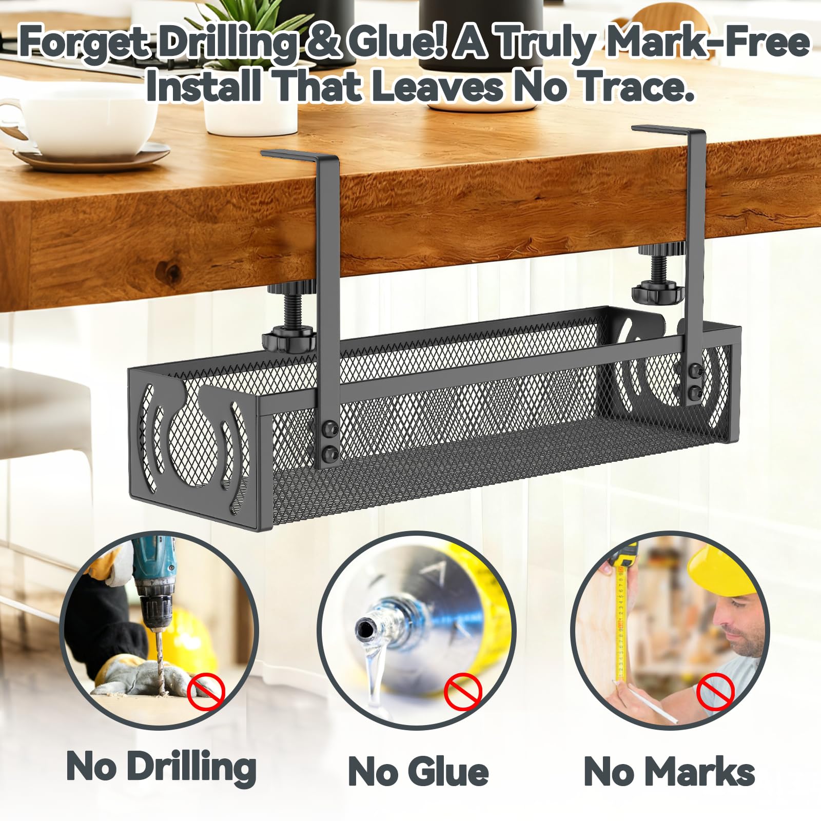 No Drill 15 Inch Under Desk Cable Management Tray