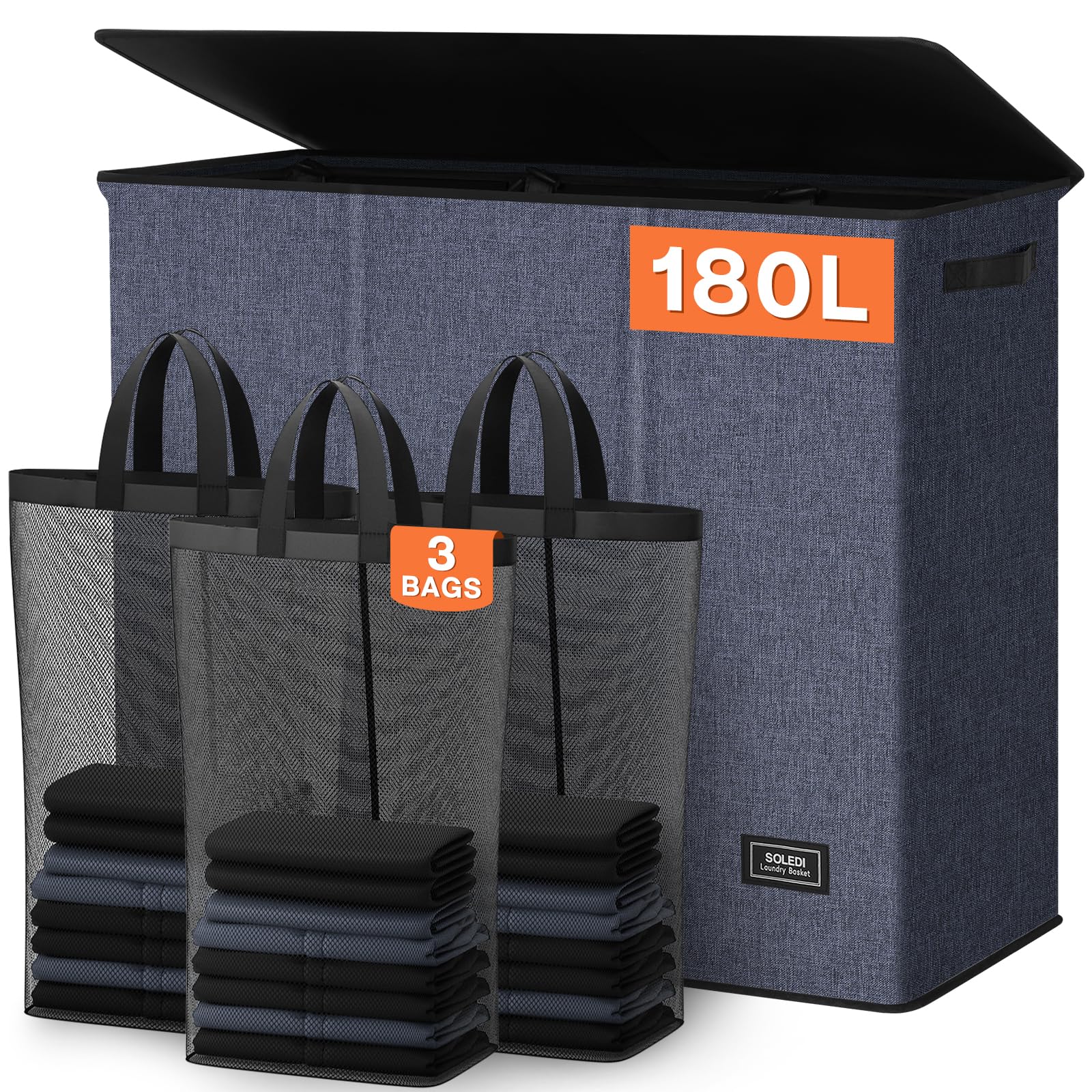 Extra Large 180L Three Section Laundry Hamper with Lid and Handles
