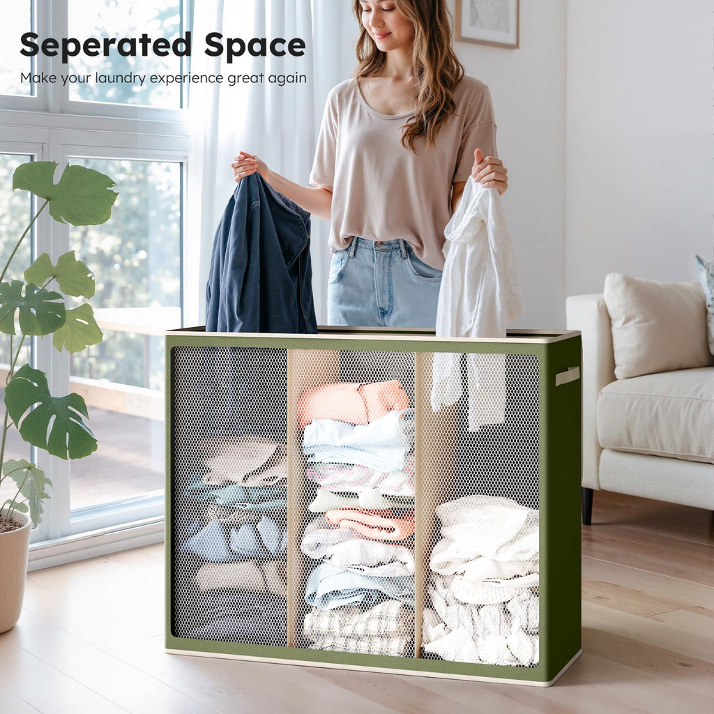 Extra Large 180L Three Section Laundry Hamper with Lid and Handles
