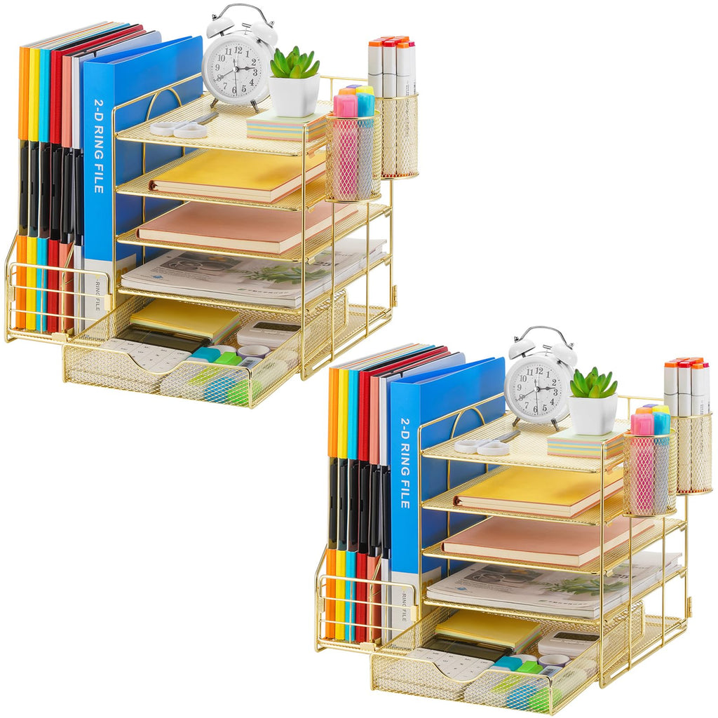 Five Tier Mesh Desk Organizer with File Tray Drawer Pen and Magazine Holders
