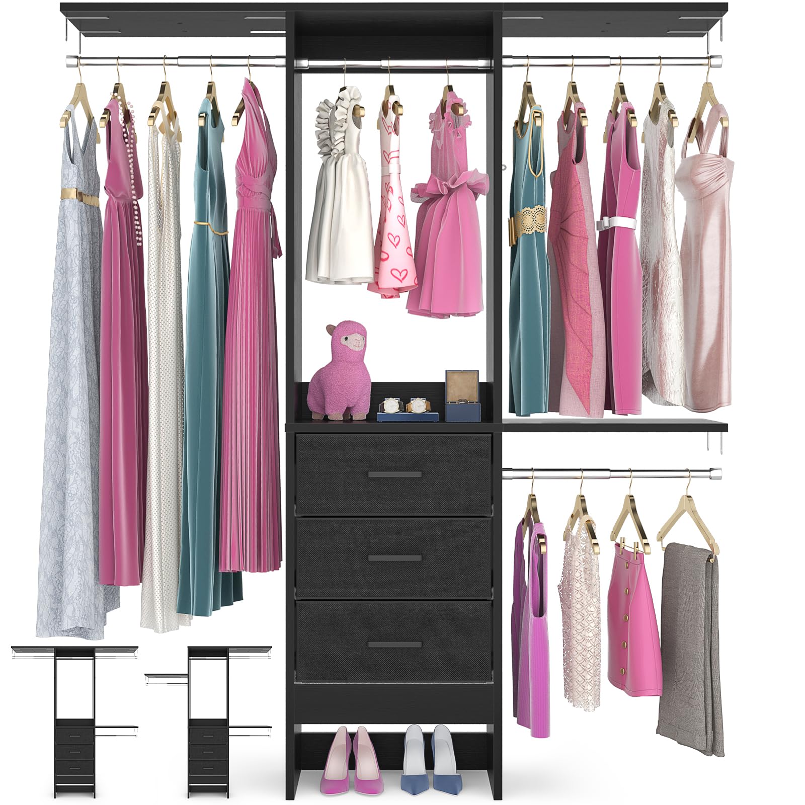 Closet Organizer System with Fabric Drawers Shelves and Garment Rack
