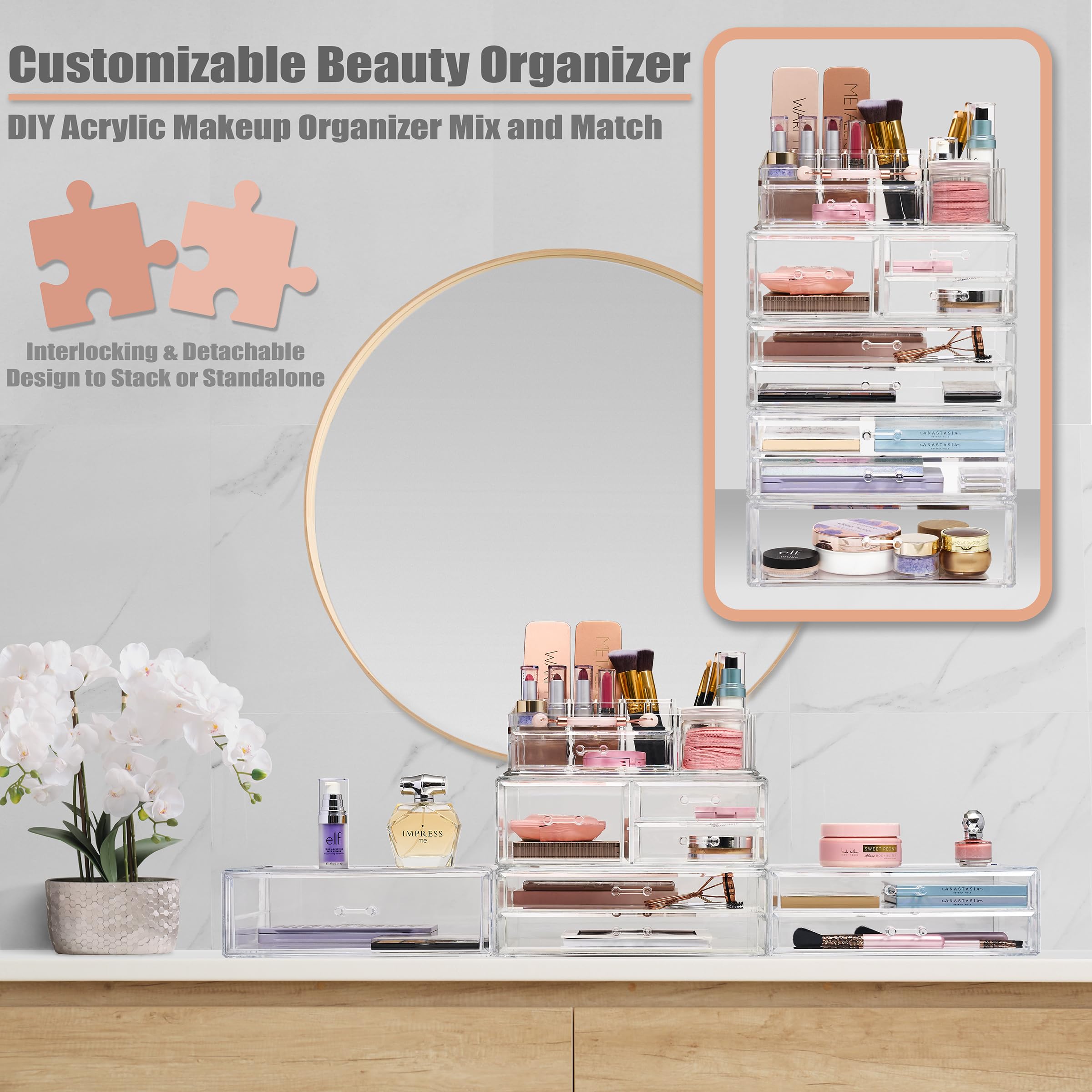 Large Clear Detachable Makeup and Jewelry Organizer for Vanity
