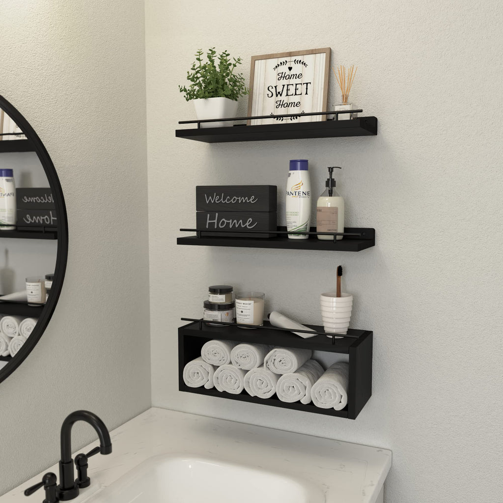 Floating Bathroom Wall Shelves with Cube Storage and Metal Rail
