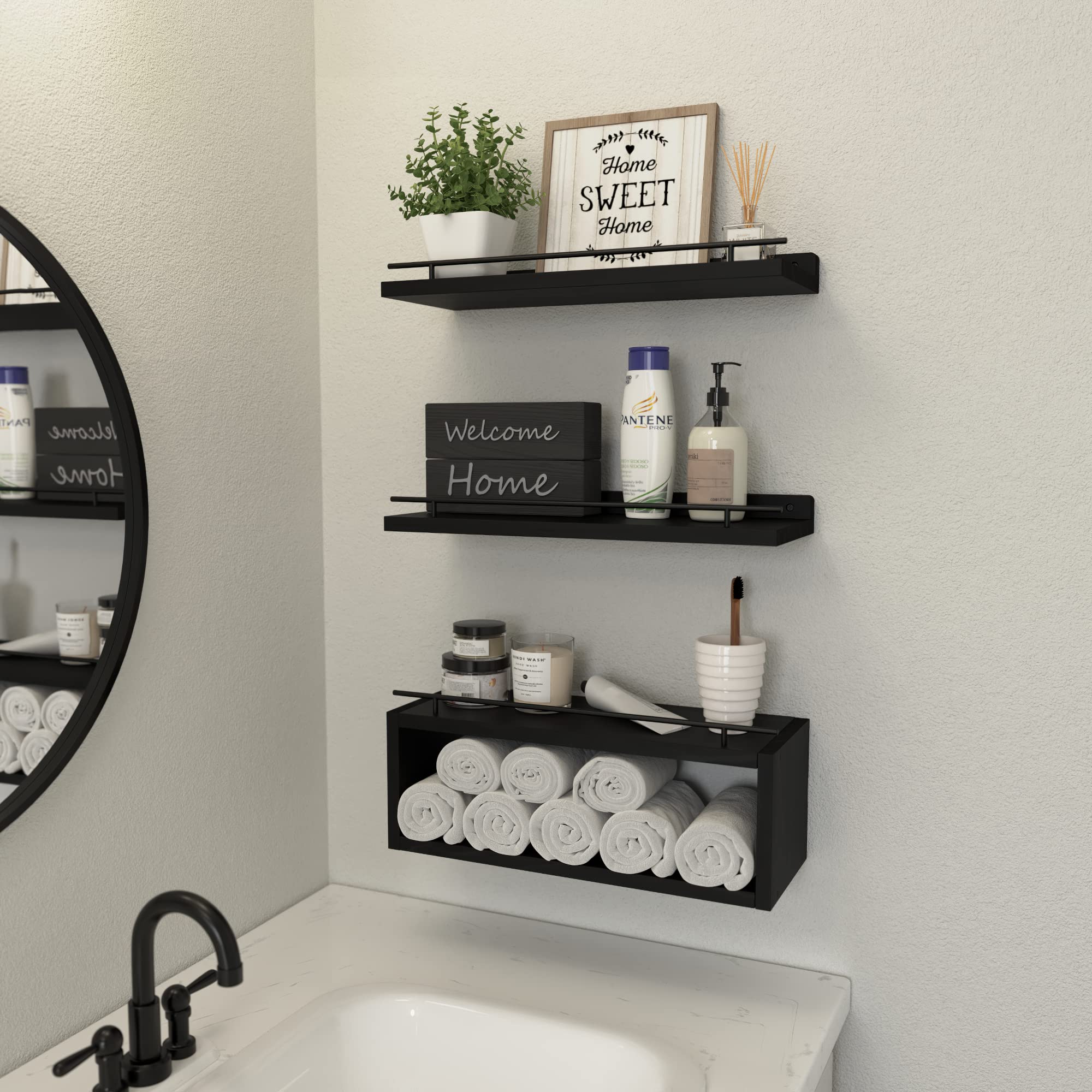 Floating Bathroom Wall Shelves with Cube Storage and Metal Rail