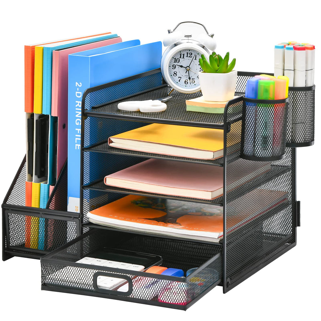 Five Tier Mesh Desk Organizer with File Tray Drawer Pen and Magazine Holders
