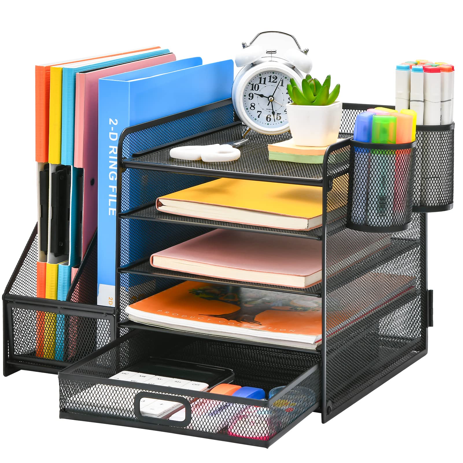Five Tier Mesh Desk Organizer with File Tray Drawer Pen and Magazine Holders