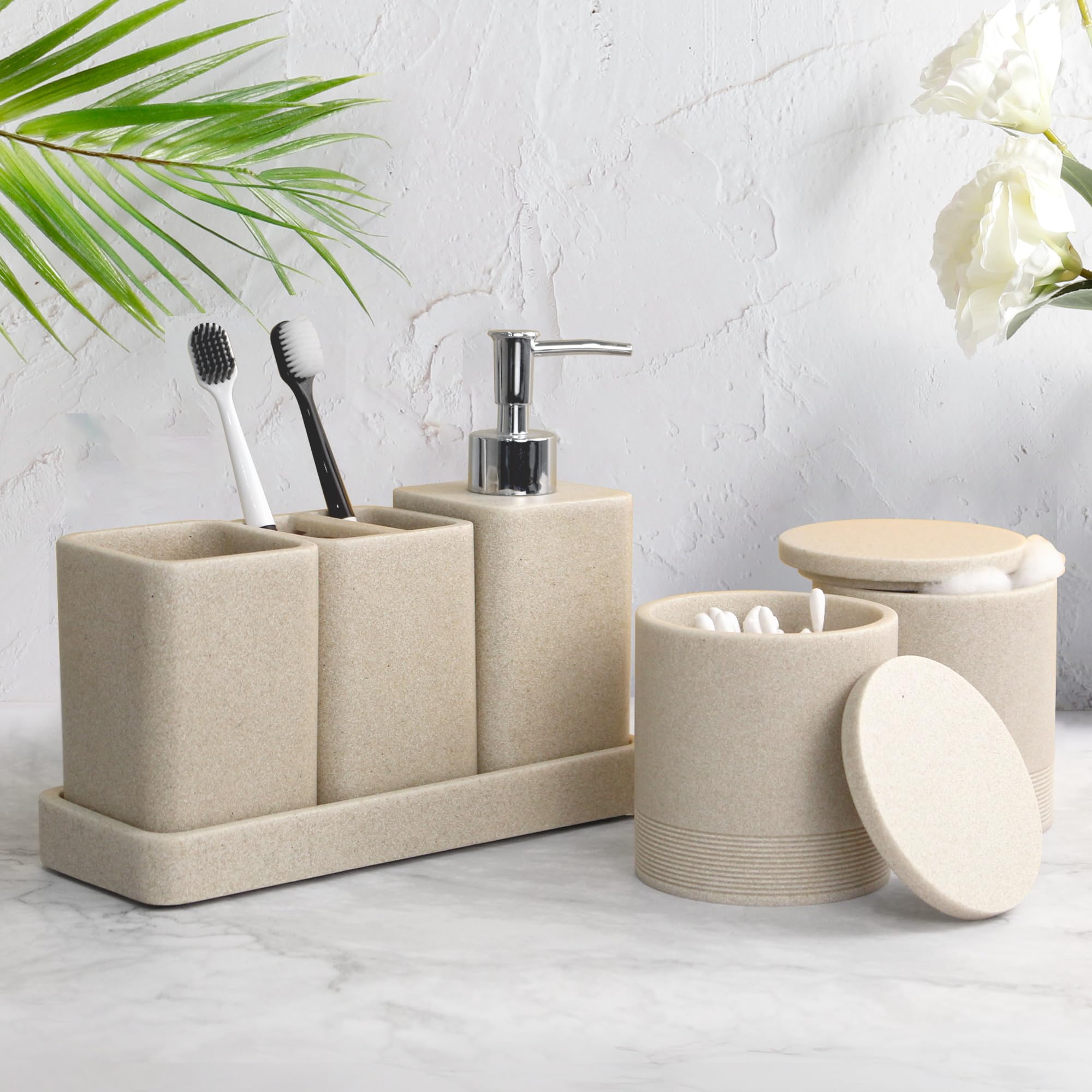 Six Piece Bathroom Accessories Set with Soap Dispenser and Vanity Tray