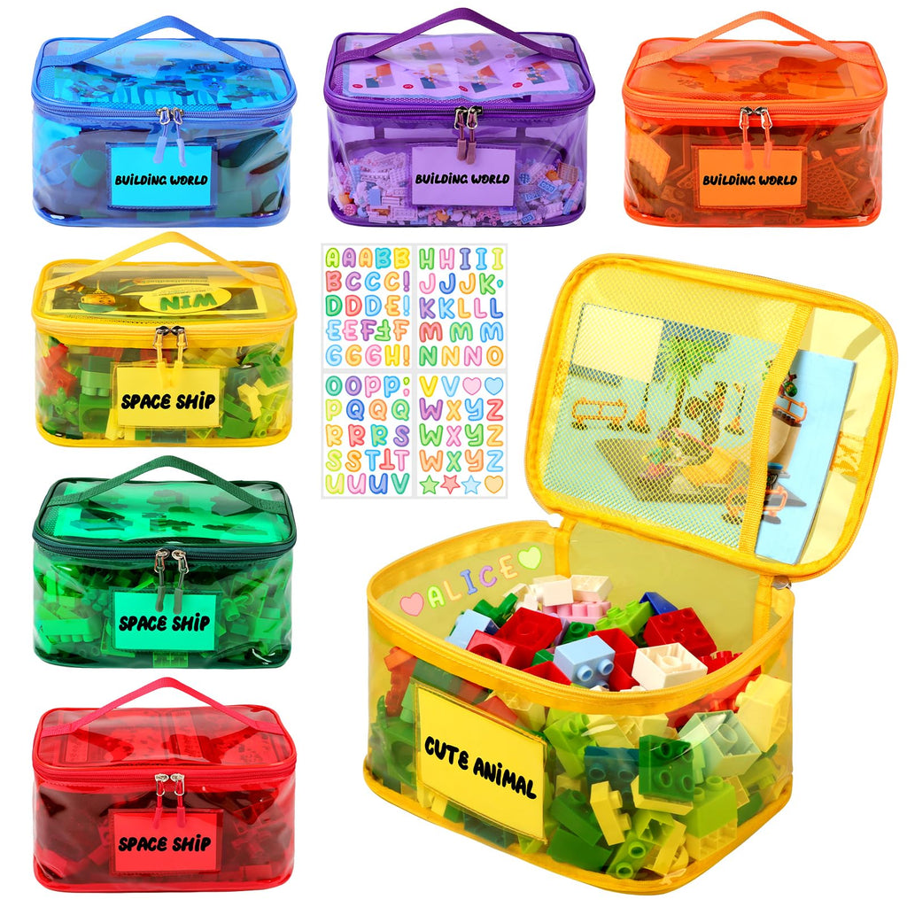 Six Pack Clear Toy Storage Bags with Name Tags and Manual Pockets