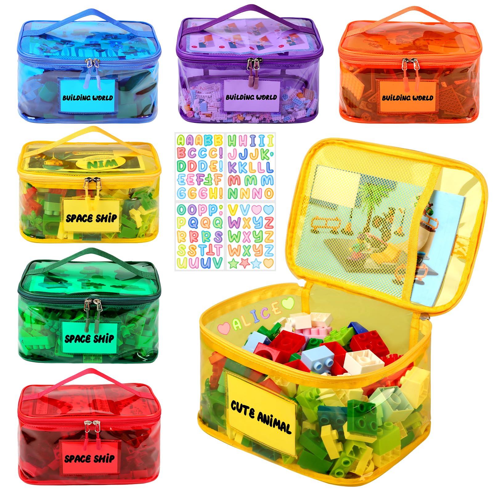 Six Pack Clear Toy Storage Bags with Name Tags and Manual Pockets