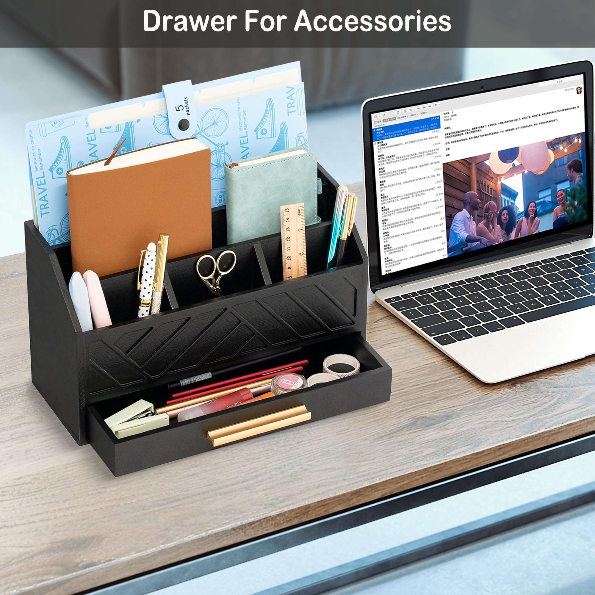 Wood Desk Organizer with Drawer Mail and File Holder