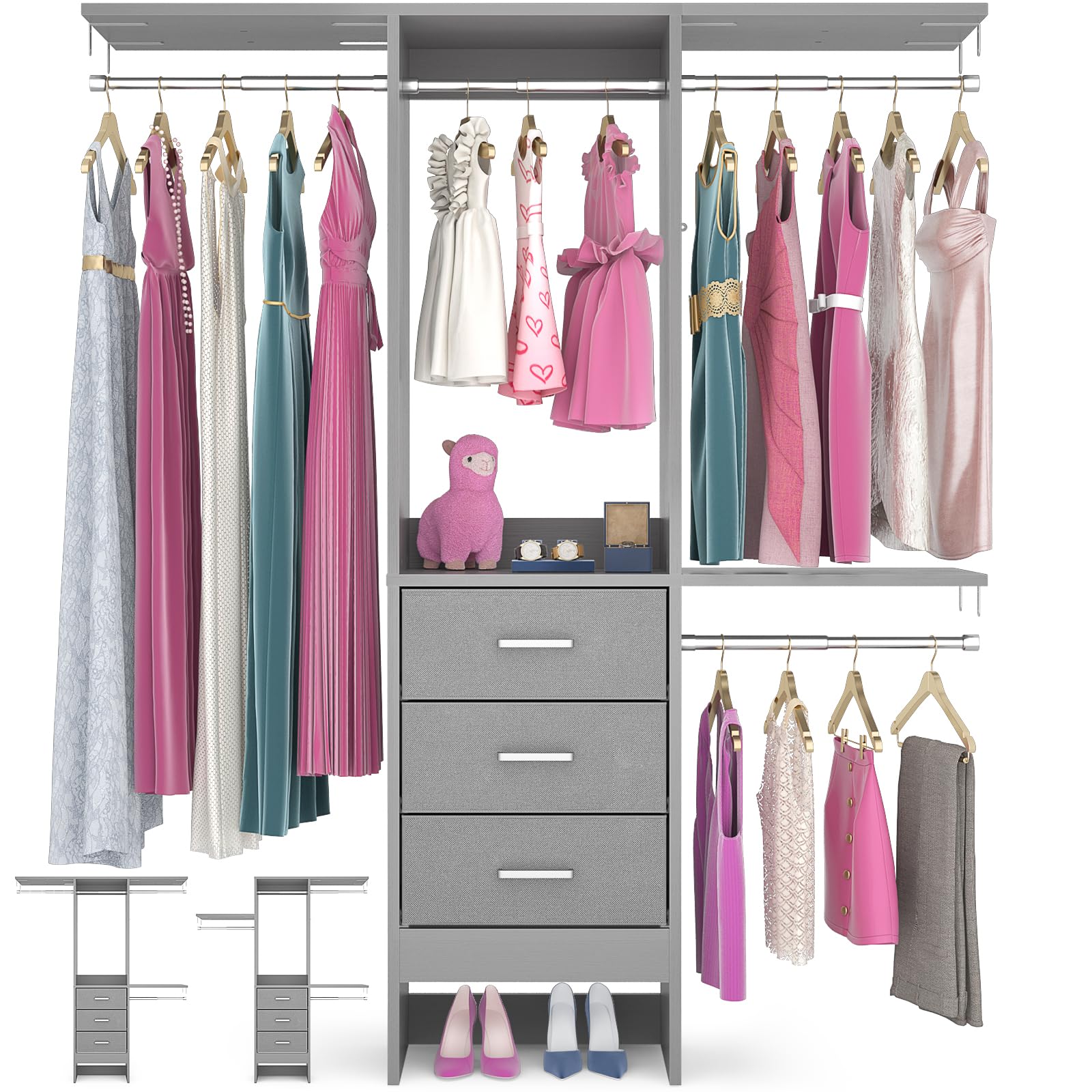 Closet Organizer System with Fabric Drawers Shelves and Garment Rack