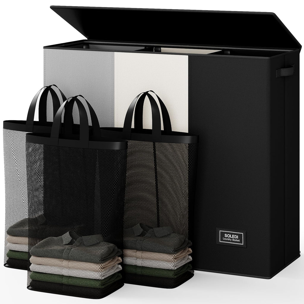Extra Large 180L Three Section Laundry Hamper with Lid and Handles
