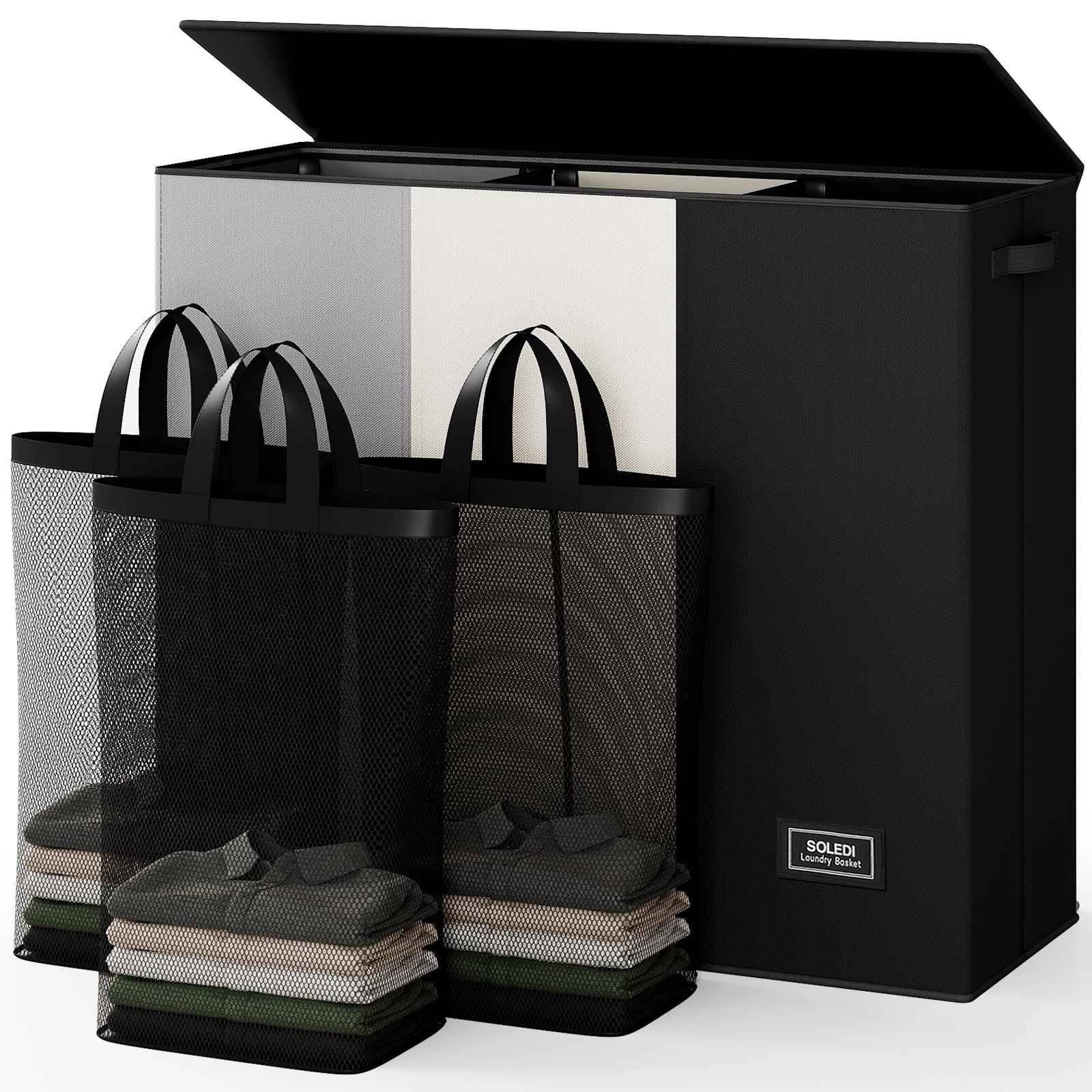 Extra Large 180L Three Section Laundry Hamper with Lid and Handles