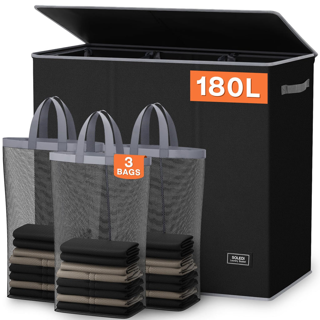 Extra Large 180L Three Section Laundry Hamper with Lid and Handles