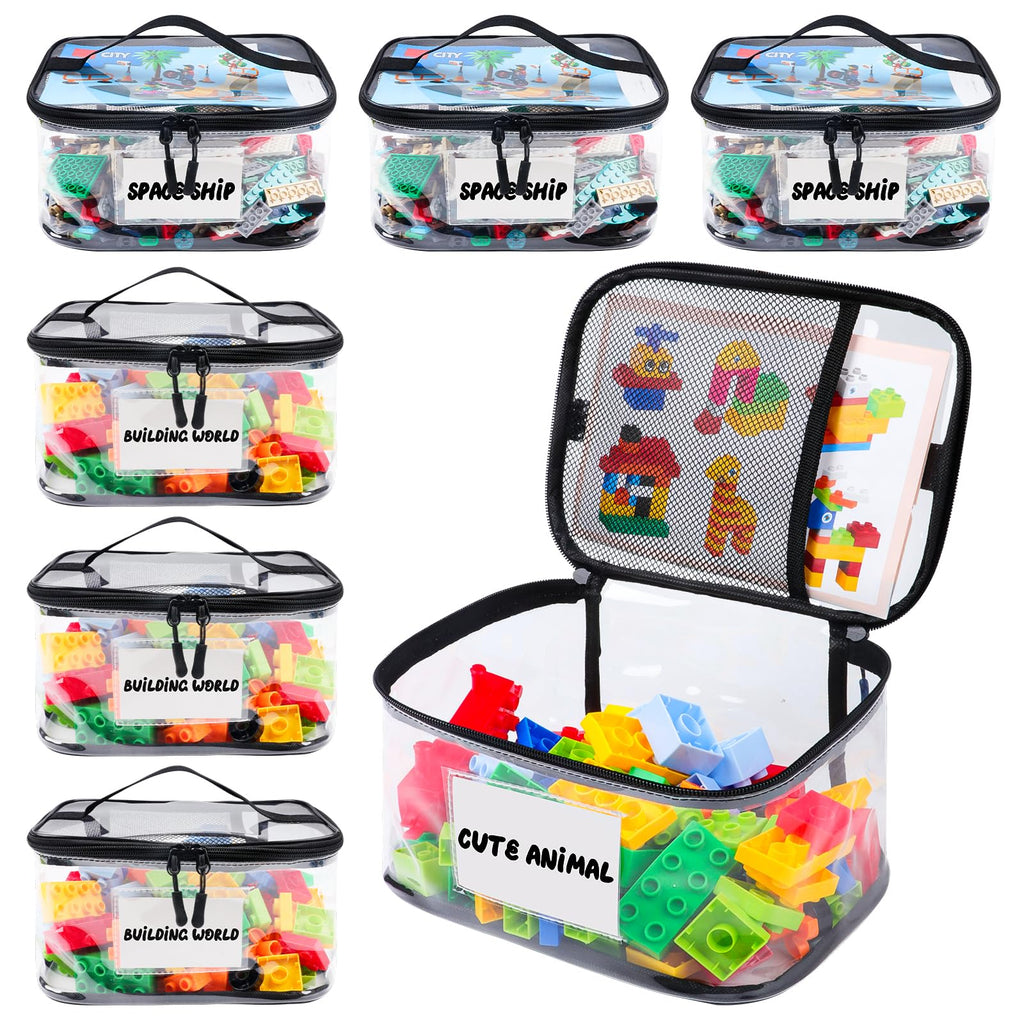 Six Pack Clear Toy Storage Bags with Name Tags and Manual Pockets