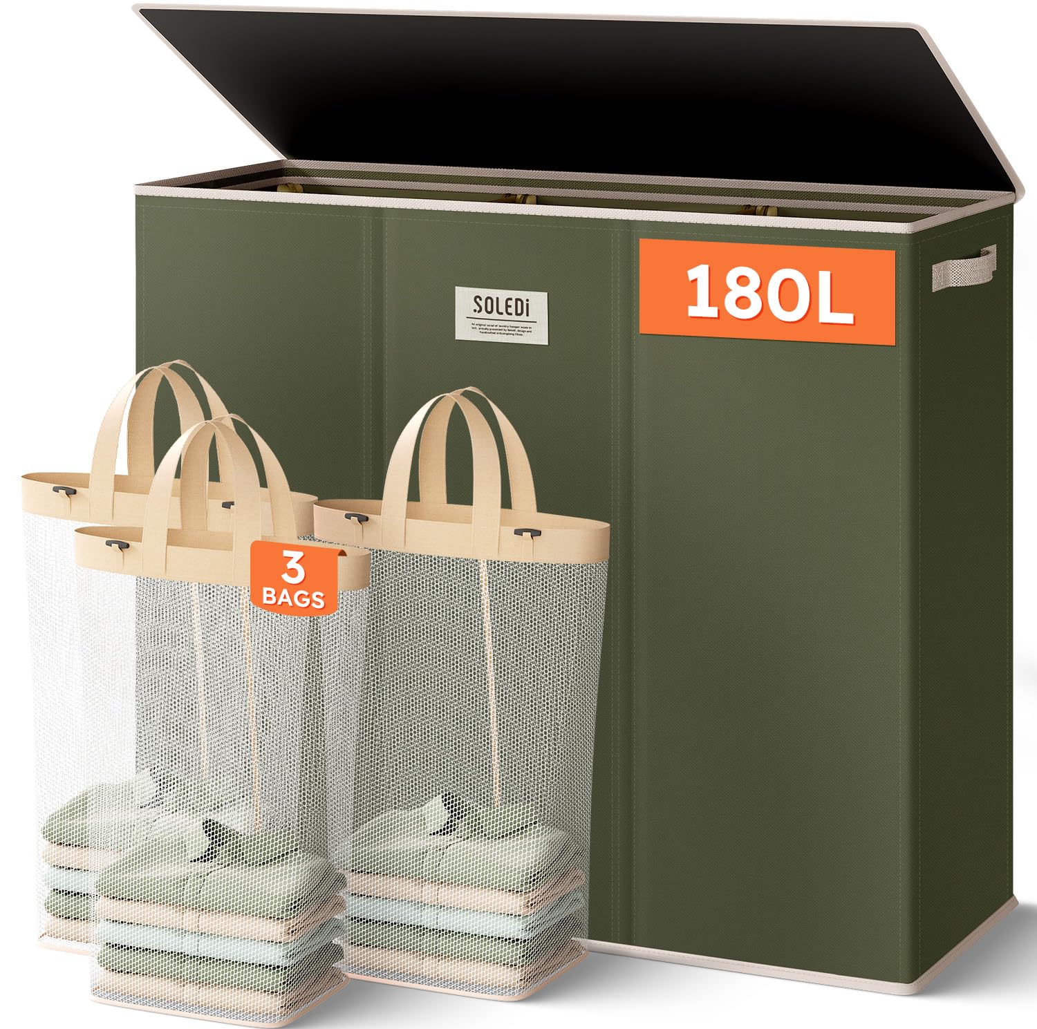 Extra Large 180L Three Section Laundry Hamper with Lid and Handles