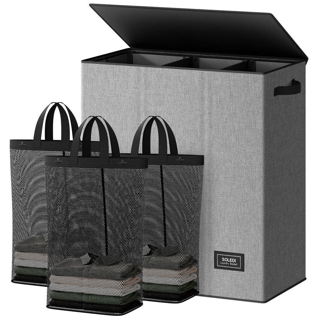 Extra Large 180L Three Section Laundry Hamper with Lid and Handles