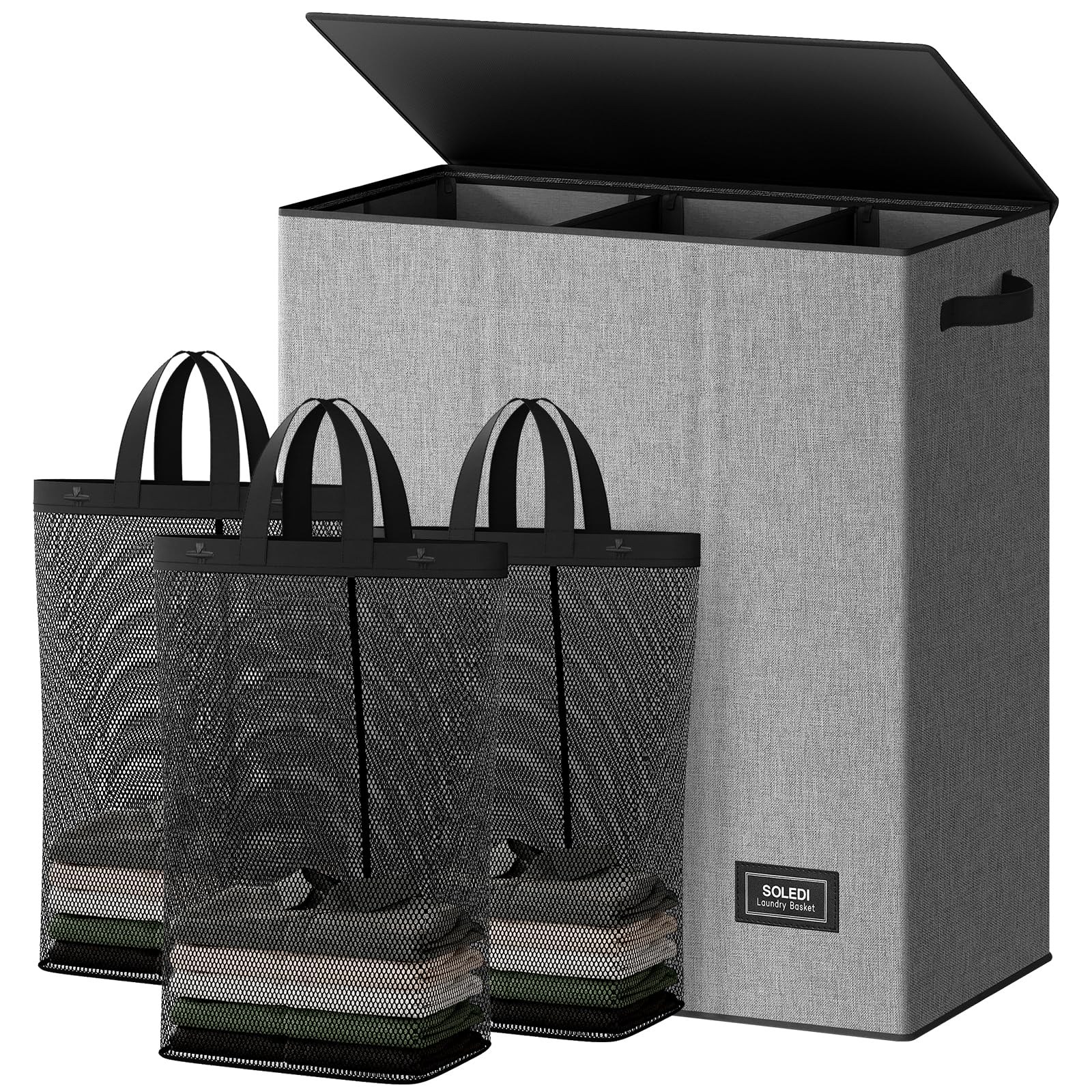 Extra Large 180L Three Section Laundry Hamper with Lid and Handles