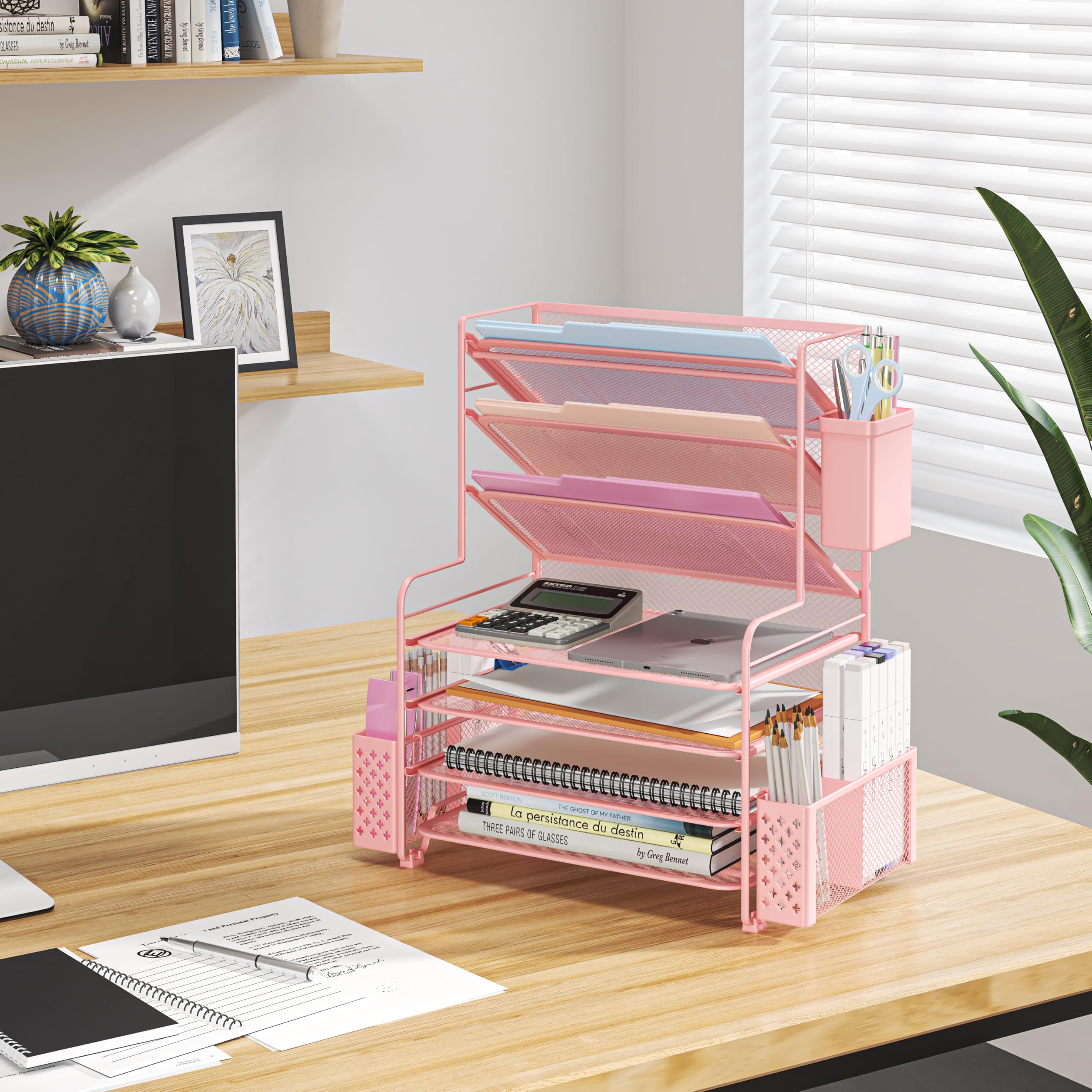 Seven Tier Desk File and Paper Organizer with Pen Holder and Basket