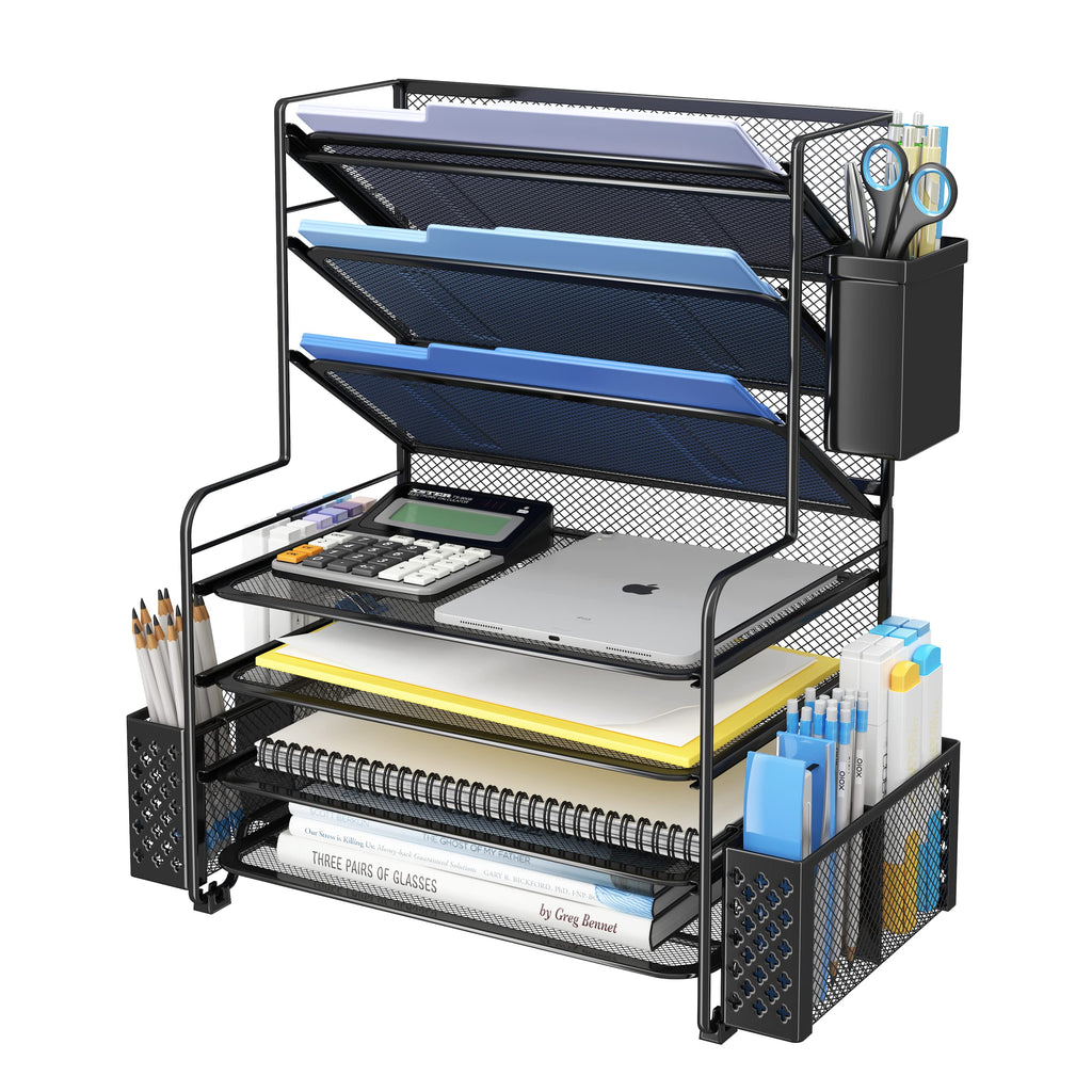 Seven Tier Desk File and Paper Organizer with Pen Holder and Basket