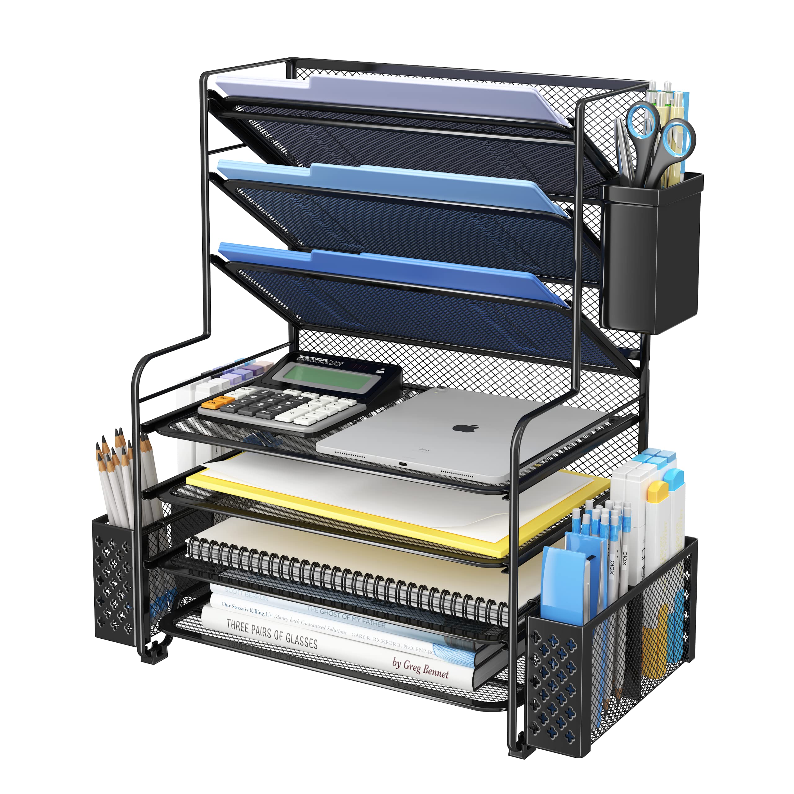 Seven Tier Desk File and Paper Organizer with Pen Holder and Basket