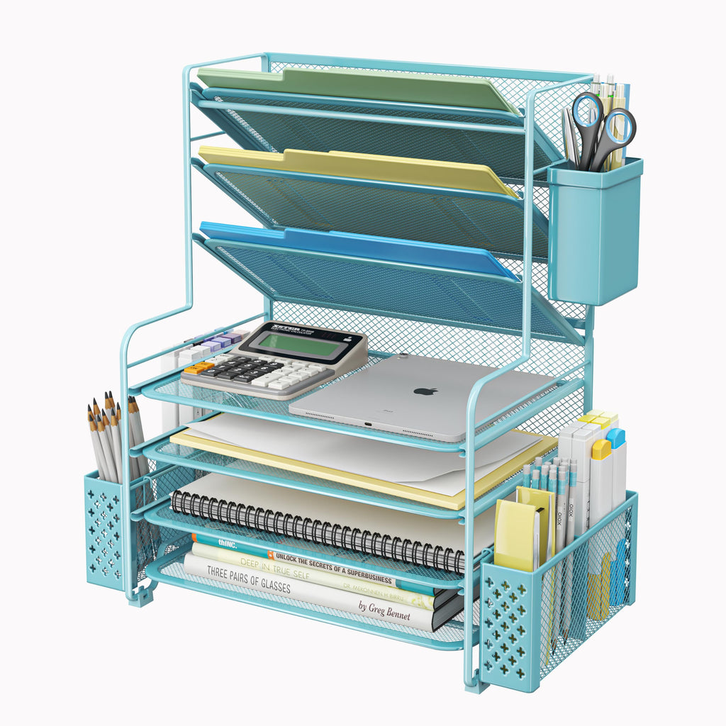 Seven Tier Desk File and Paper Organizer with Pen Holder and Basket