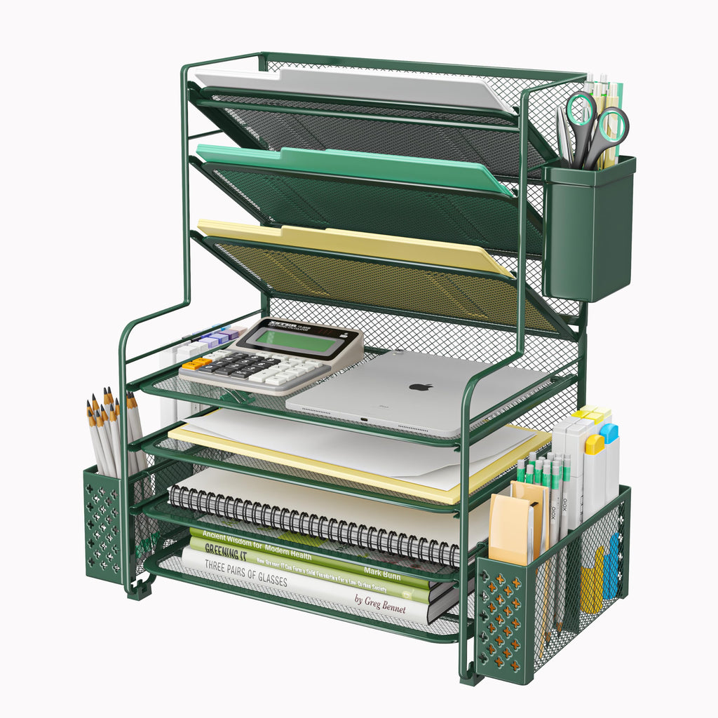 Seven Tier Desk File and Paper Organizer with Pen Holder and Basket