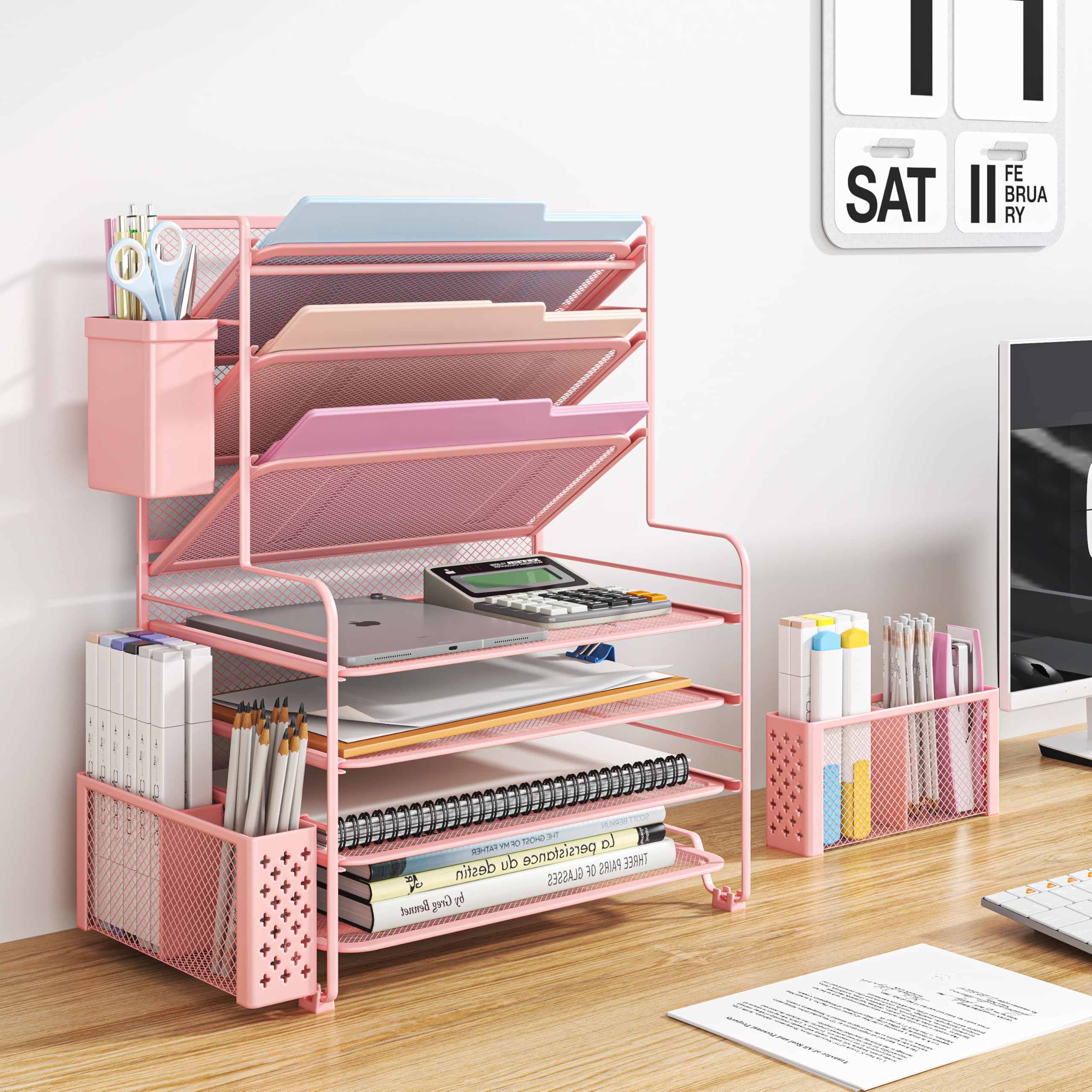 Seven Tier Desk File and Paper Organizer with Pen Holder and Basket