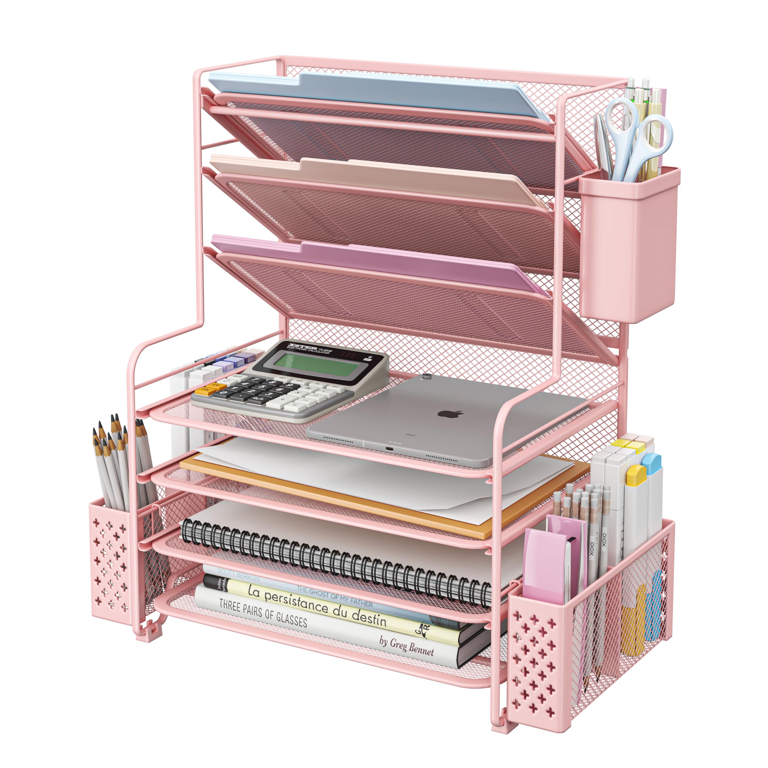 Seven Tier Desk File and Paper Organizer with Pen Holder and Basket