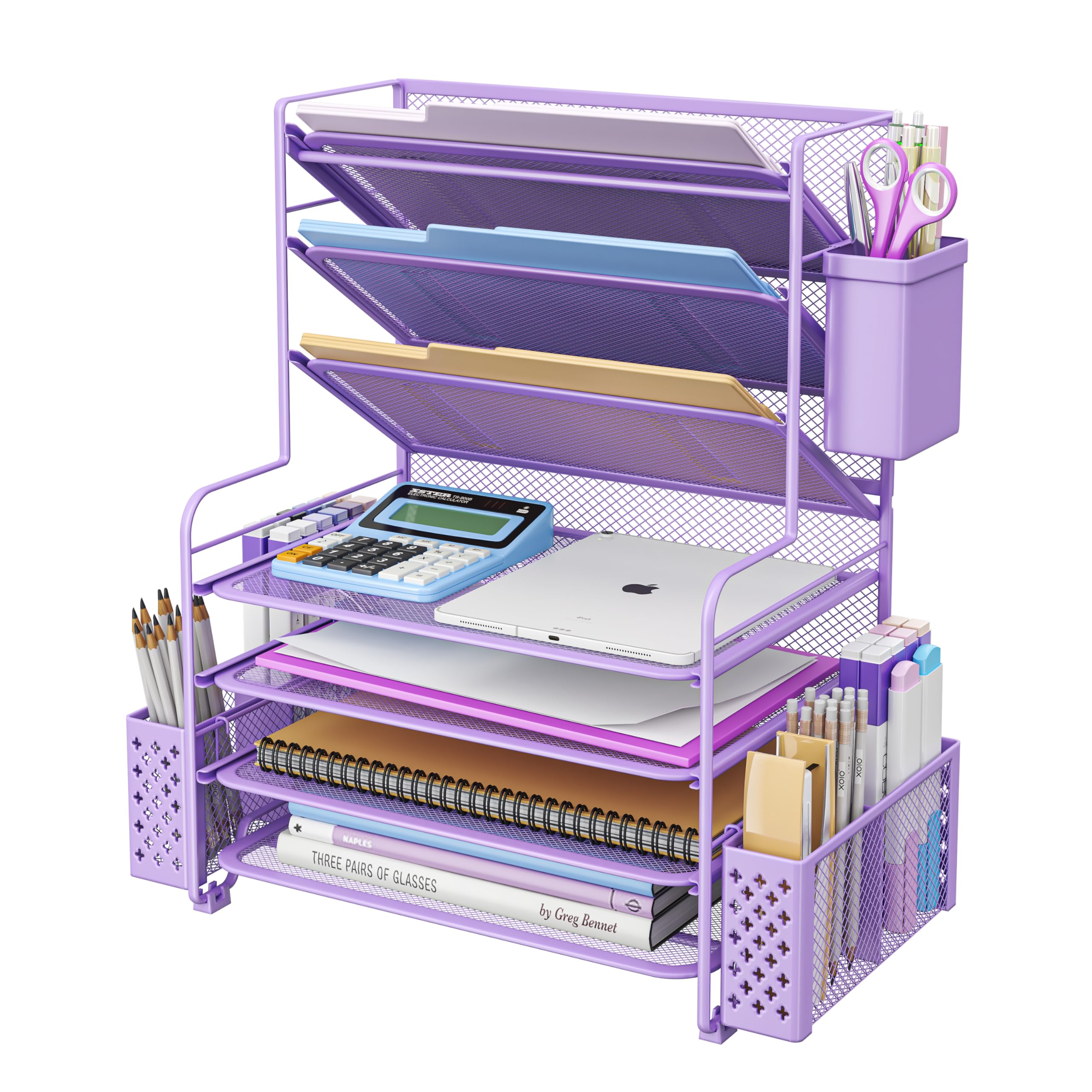 Seven Tier Desk File and Paper Organizer with Pen Holder and Basket