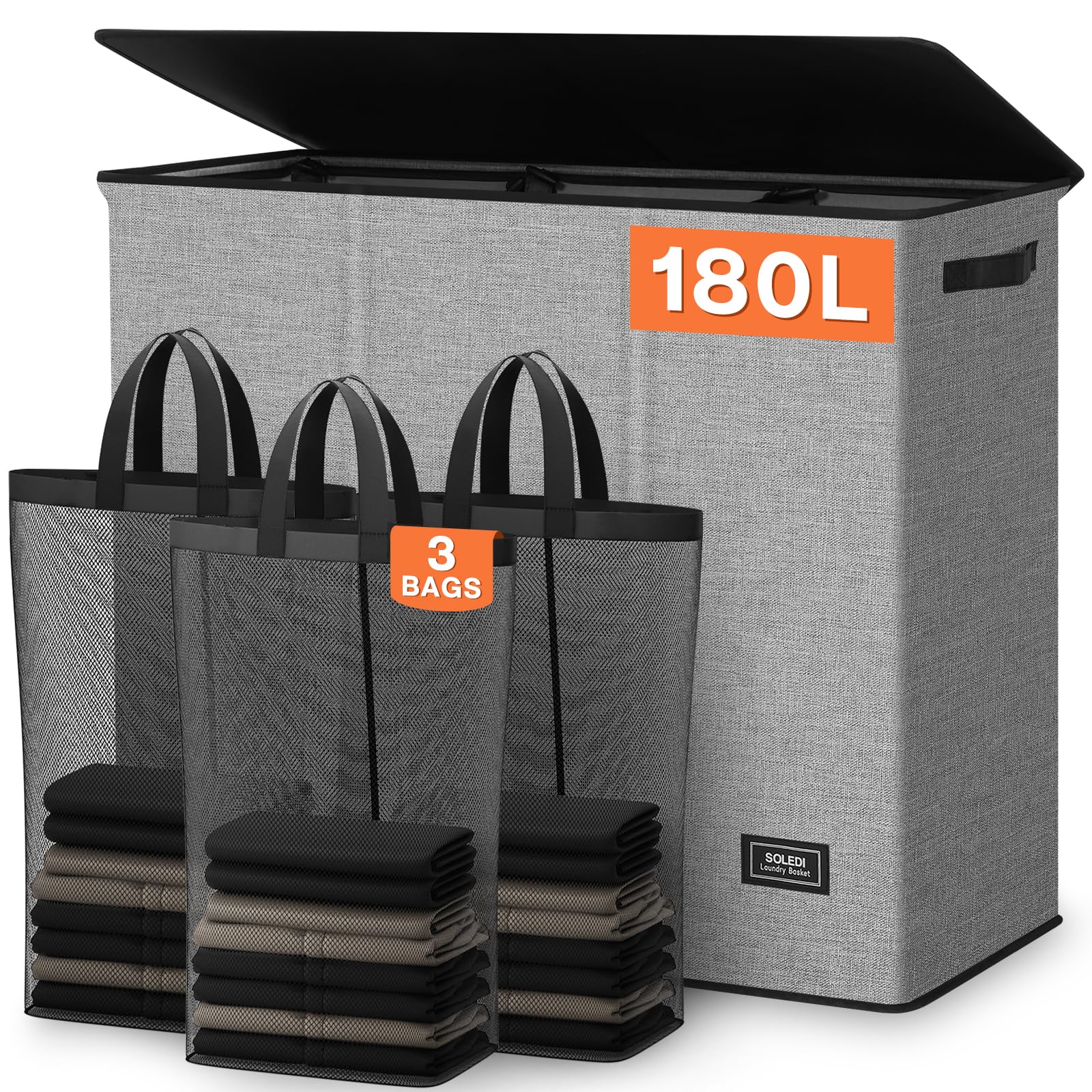 Extra Large 180L Three Section Laundry Hamper with Lid and Handles