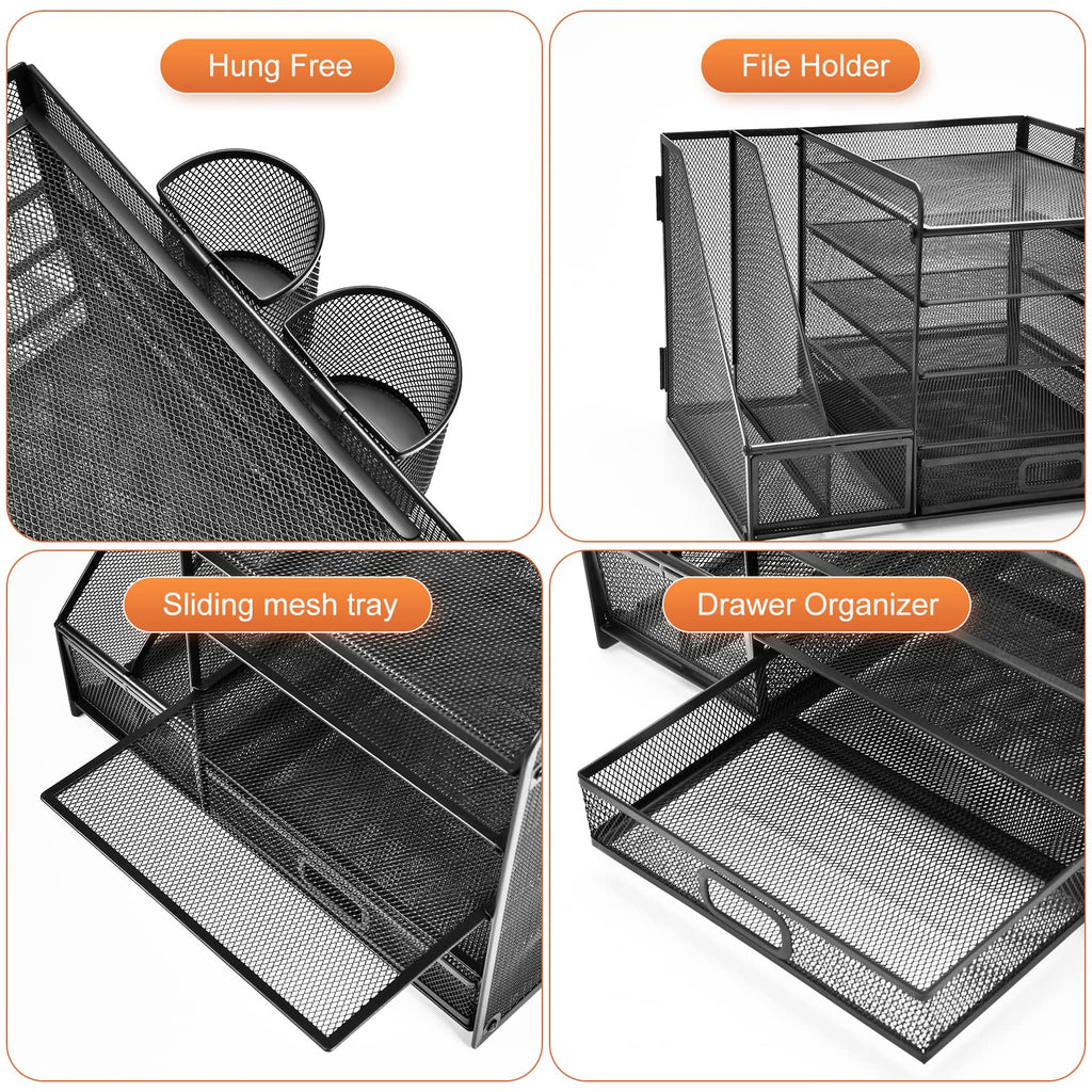 Five Tier Mesh Desk Organizer with File Tray Drawer Pen and Magazine Holders
