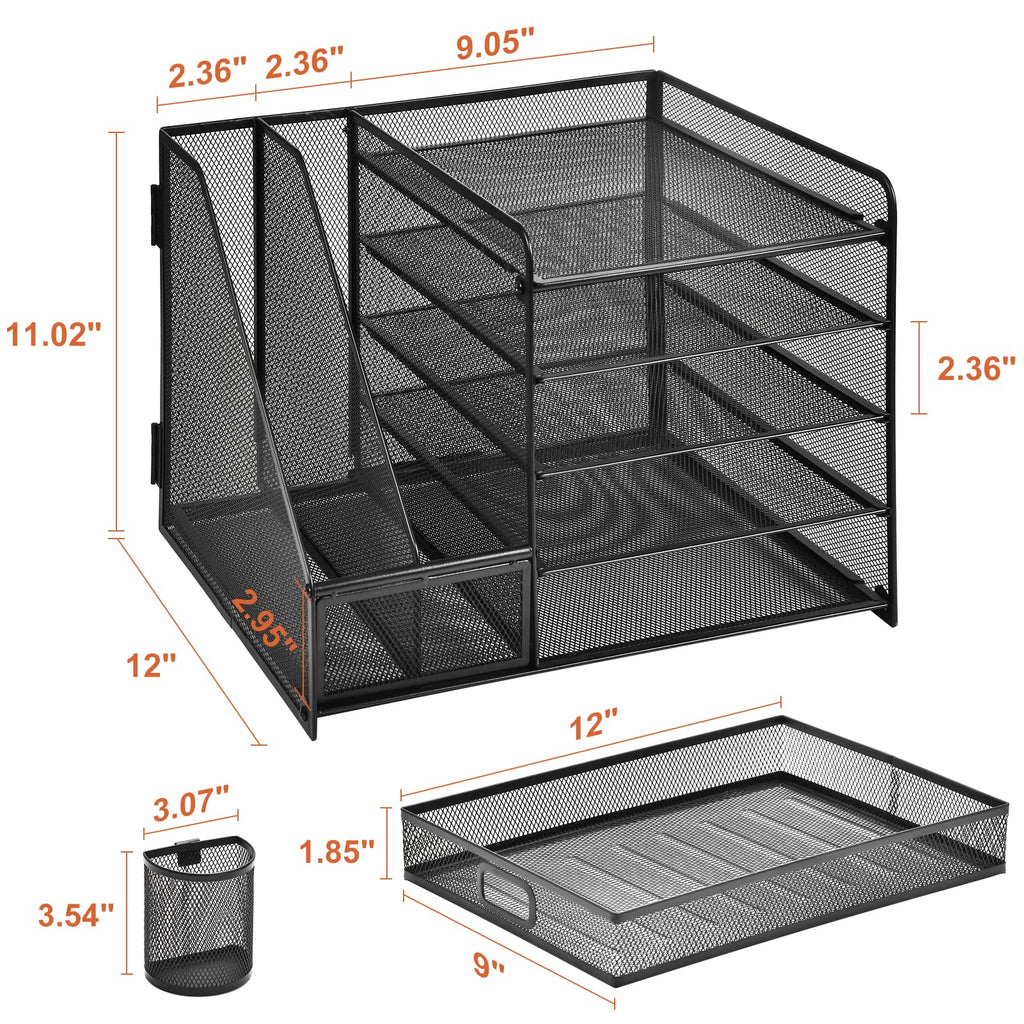 Five Tier Mesh Desk Organizer with File Tray Drawer Pen and Magazine Holders