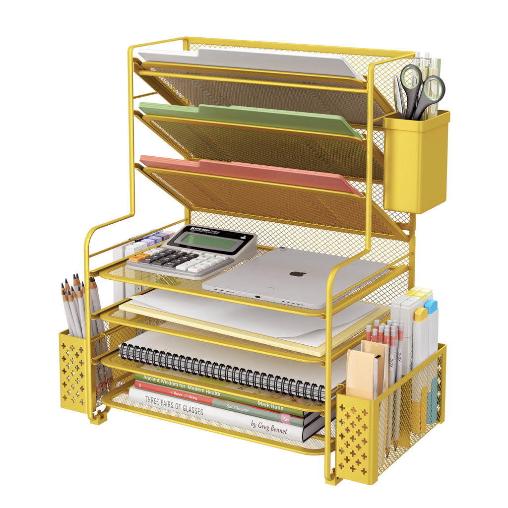 Seven Tier Desk File and Paper Organizer with Pen Holder and Basket