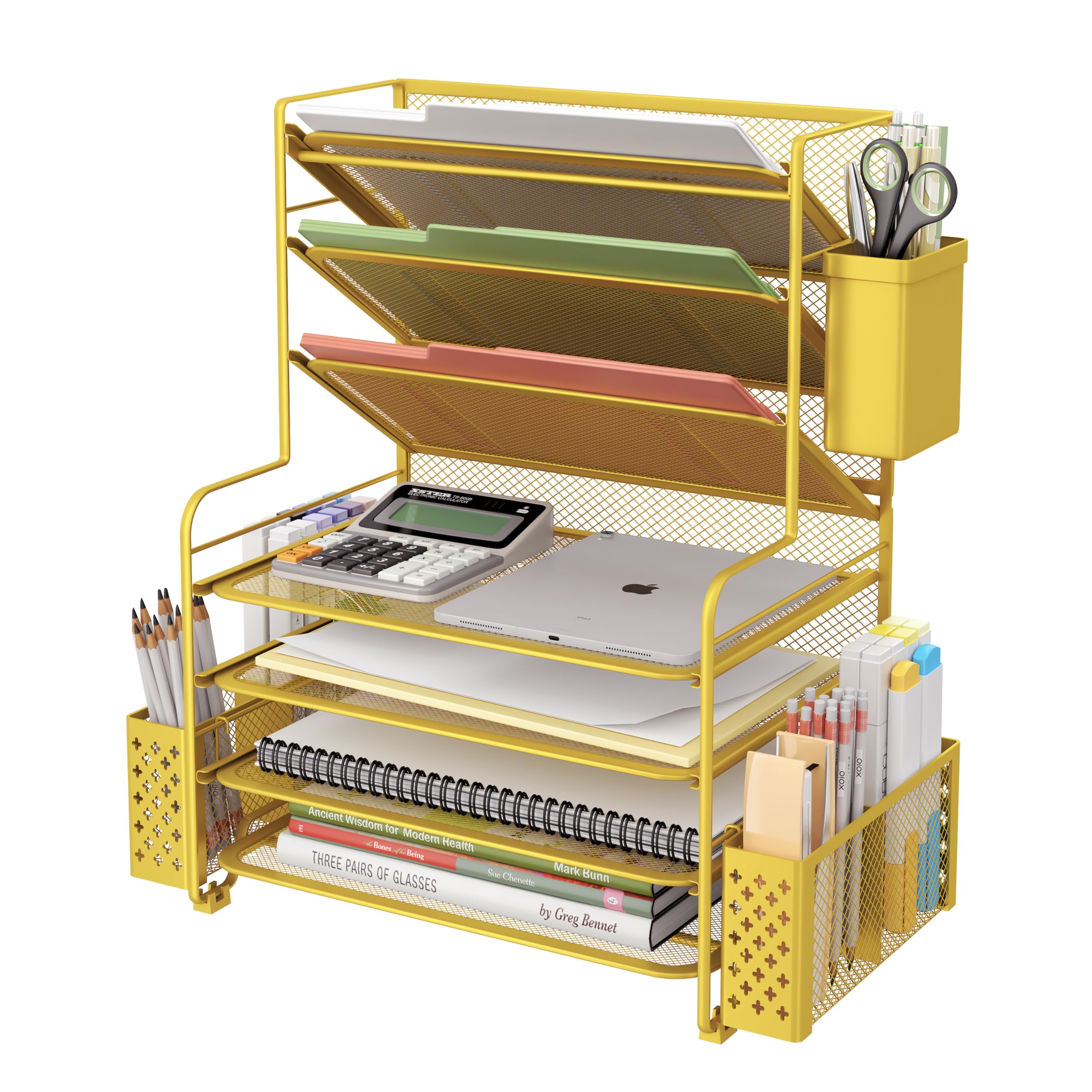 Seven Tier Desk File and Paper Organizer with Pen Holder and Basket