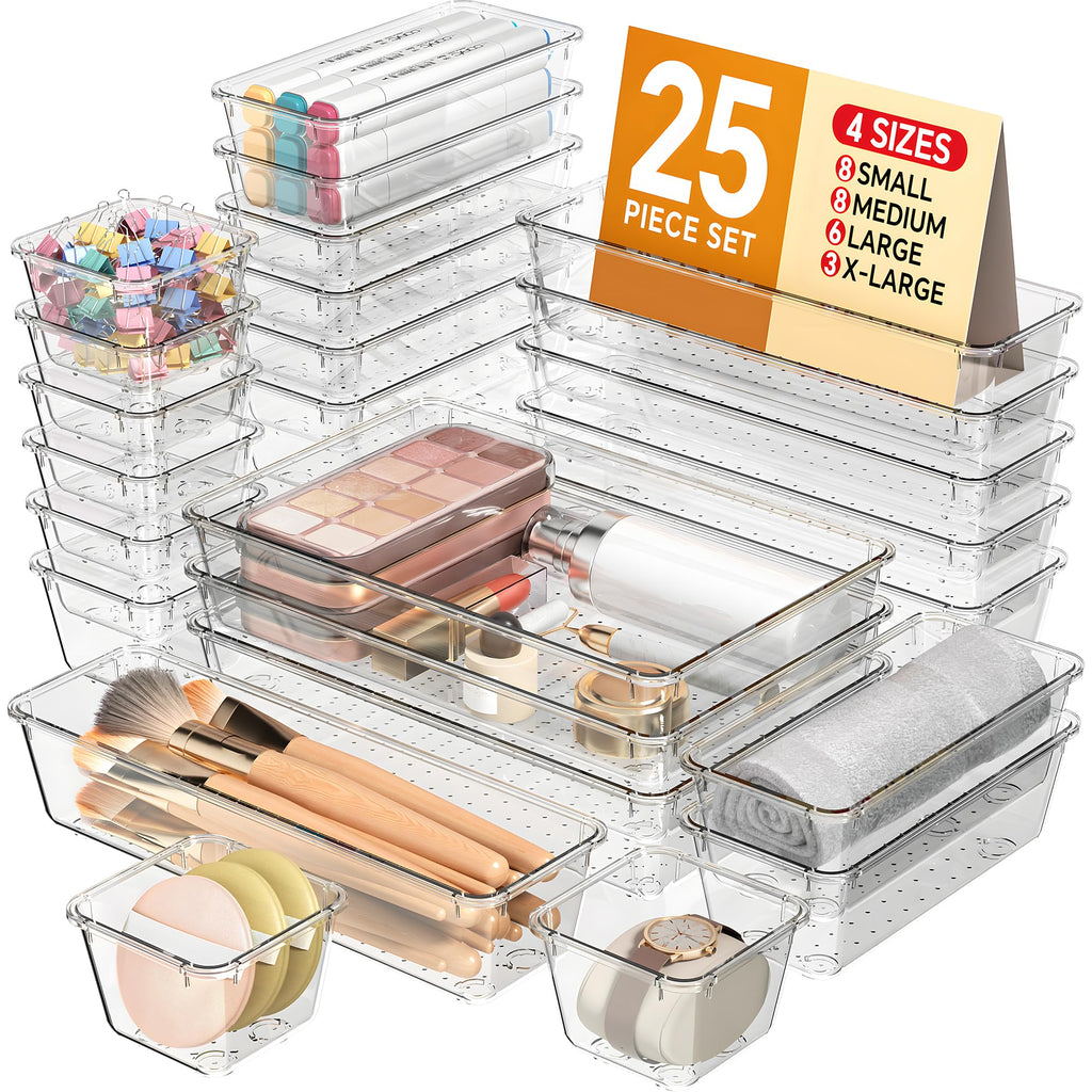 25 Piece Plastic Drawer Organizer Set for Home Storage