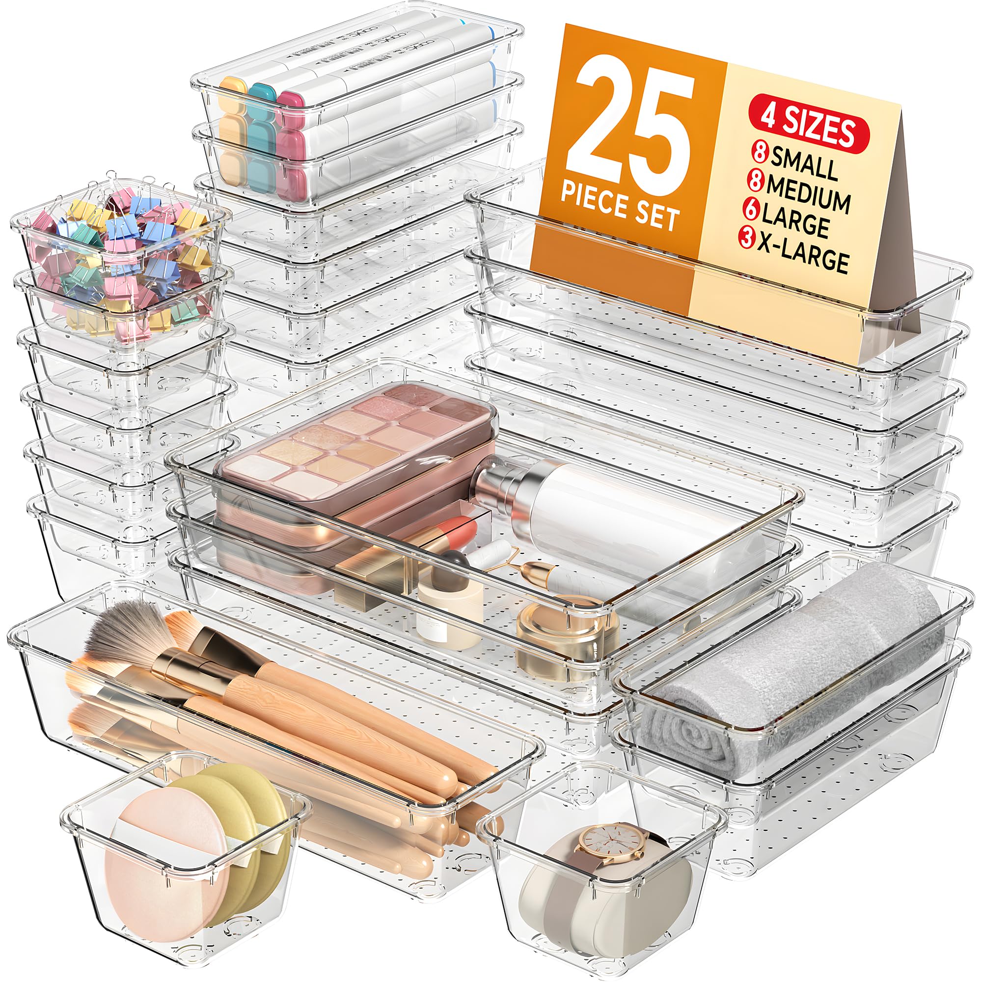 25 Piece Plastic Drawer Organizer Set for Home Storage